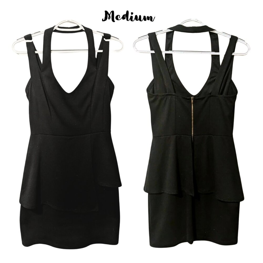 {Mystic} Black Stretch Bodycon Mini Dress Medium Open-Back Peplum Goth Clubwear